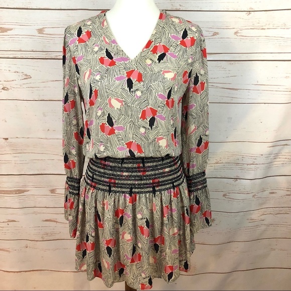 Derek Lam 10 Crosby Abstract Tulip Floral Long Sleeve Smocked Silk Dress - Picture 1 of 10
